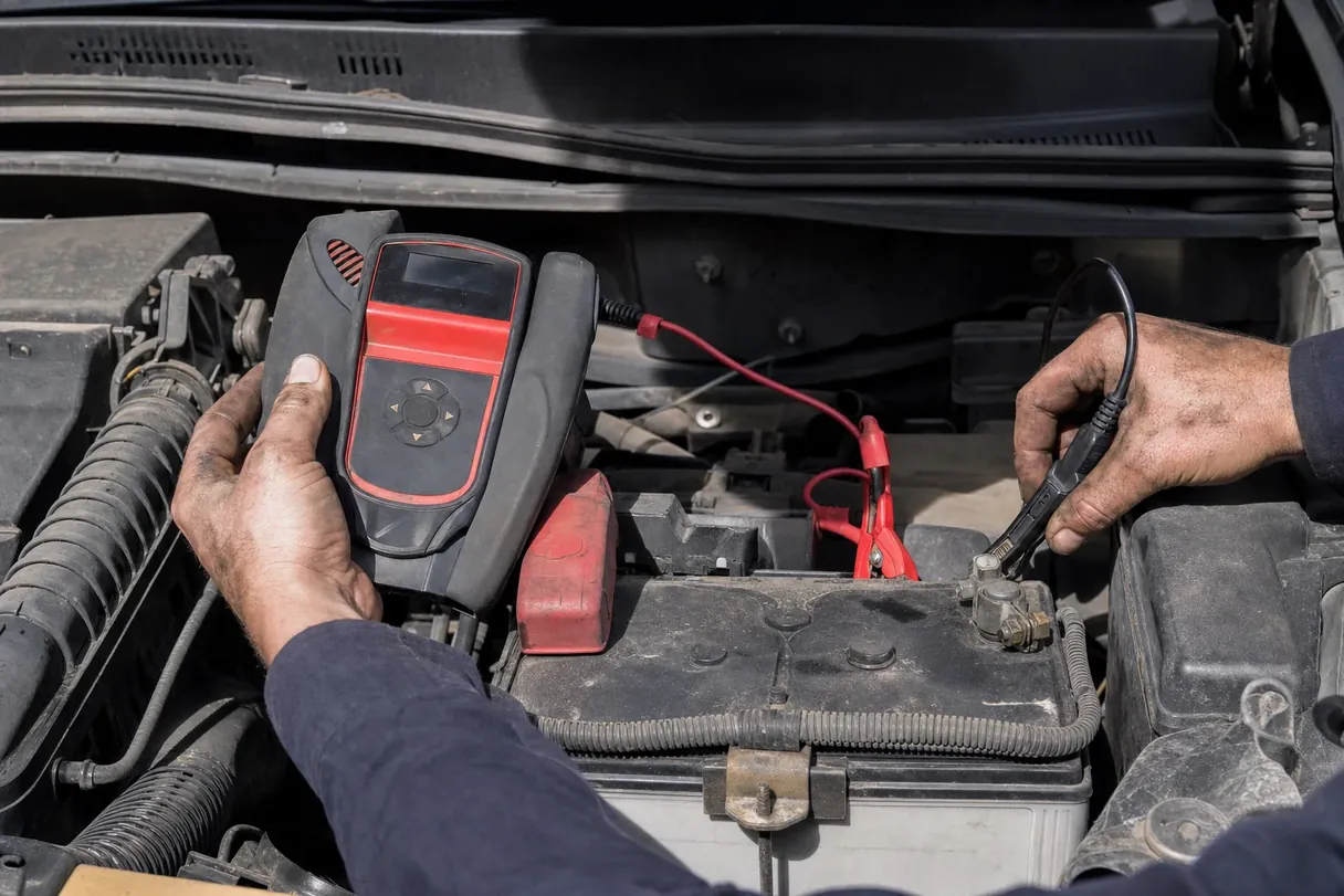 Handheld tester clamped to the terminals of a car battery