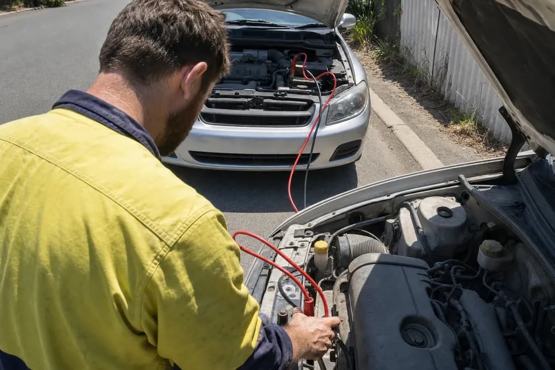 Jumper leads clipped to a car battery, with the donor car's bonnet open behind