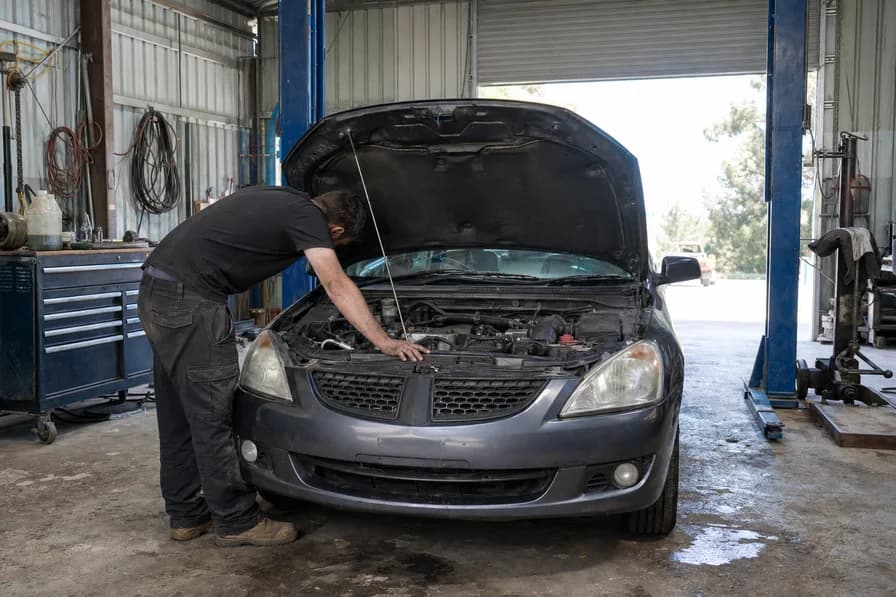 Mechanic working under the bonnet of a car in a workshop