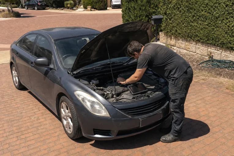 A car parked in a driveway with its bonnet up while the engine is checked.