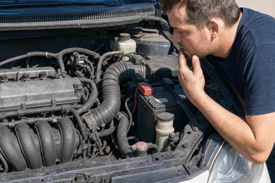 A driver looking over the engine bay of a car after a check engine light came on.