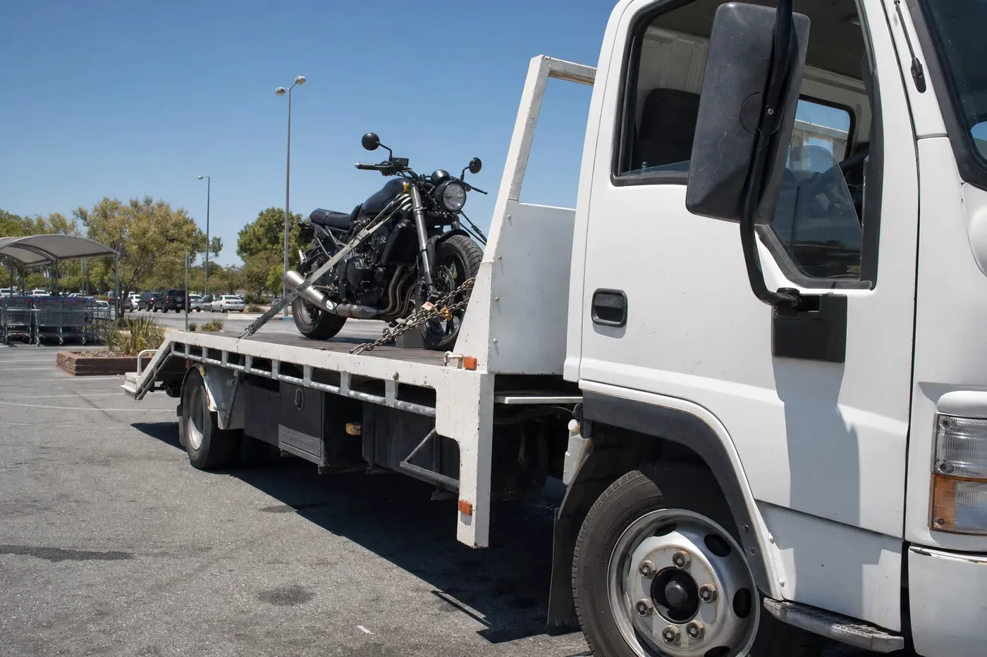 Motorcycle strapped down for quick interstate transport from Perth