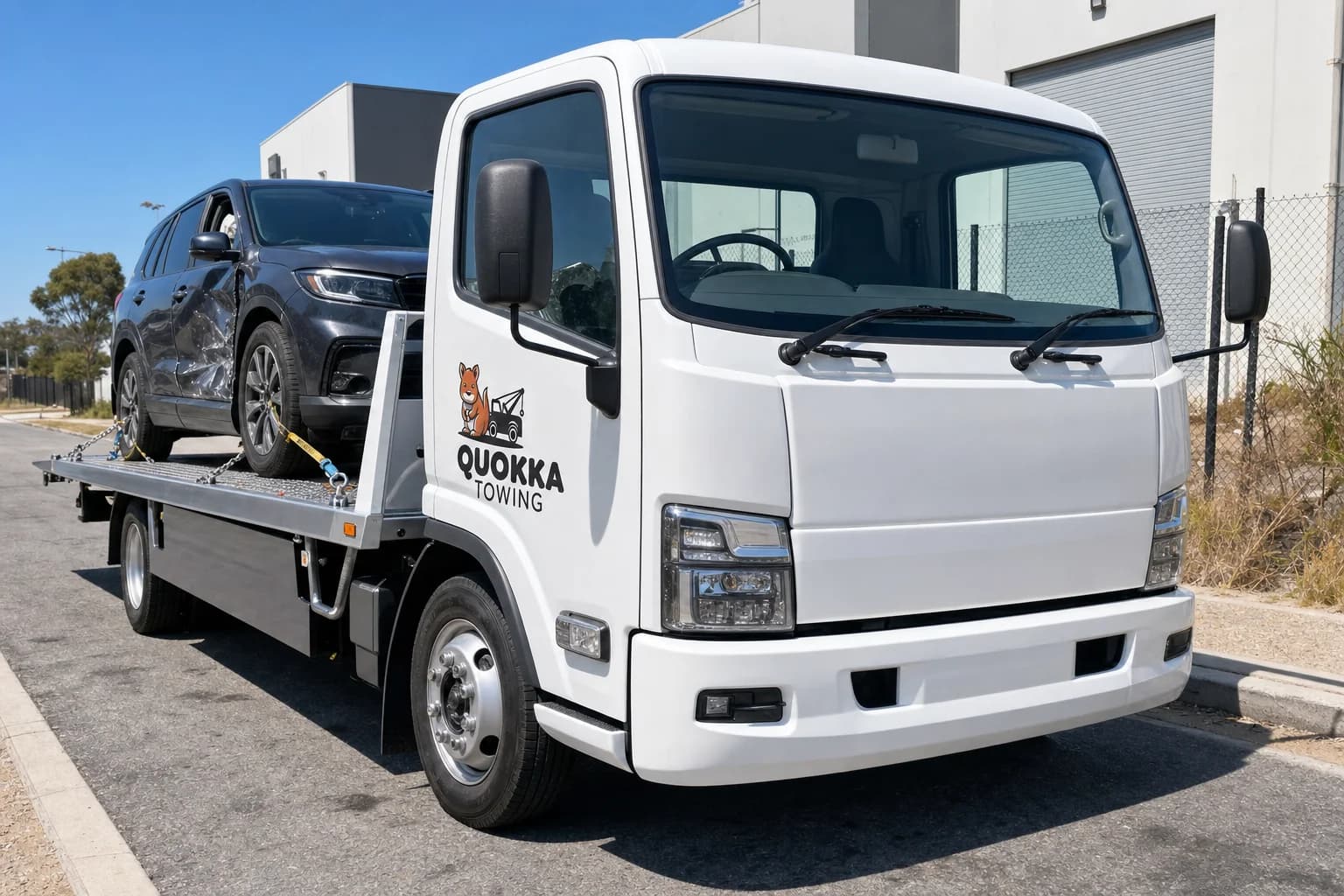 A damaged SUV secured on a Quokka Towing truck after a roadside accident in Perth, highlighting professional car towing services.