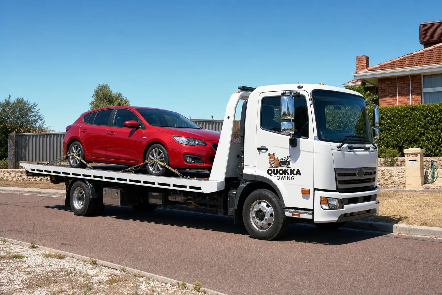 A Quokka tow truck transporting a red car on a flatbed at the roadside in Perth, showcasing car towing services.