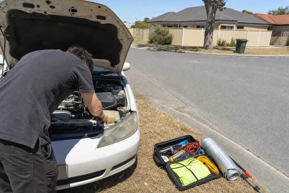 Roadside emergency kit laid out beside a car, with a hi-vis vest, jumper leads and tools