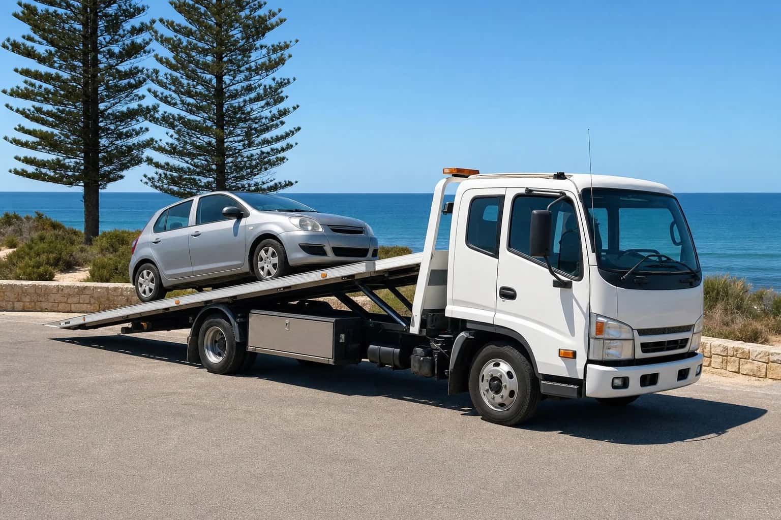 Quokka Towing tilt tray tow truck on a job in Cottesloe, Western Australia