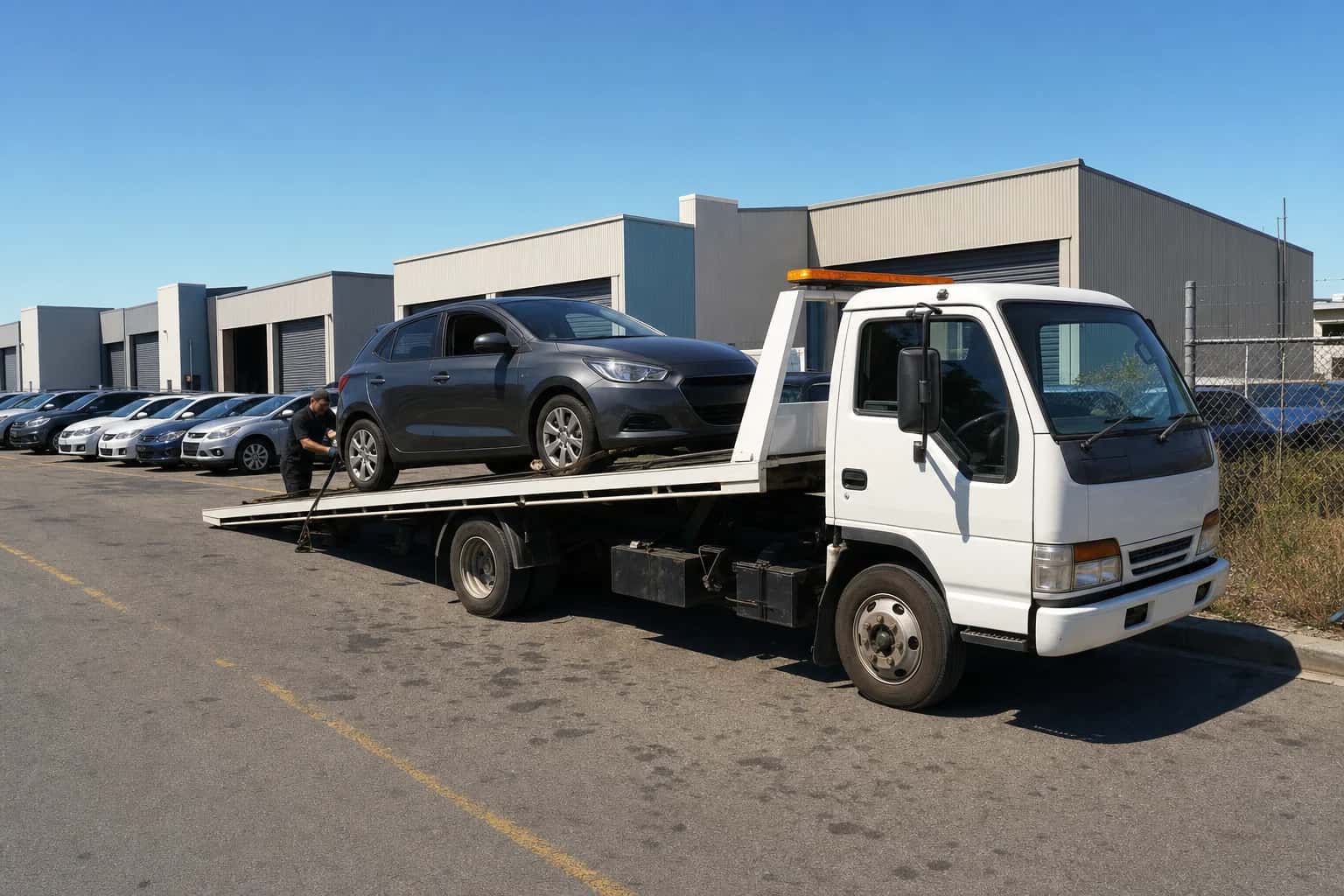 Quokka Towing tilt tray tow truck on a job in Osborne Park, Western Australia