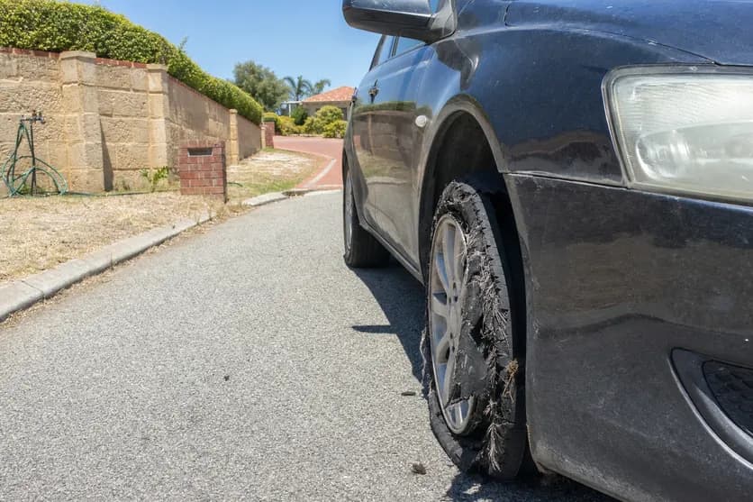 Front tyre shredded down to its cords on a parked sedan