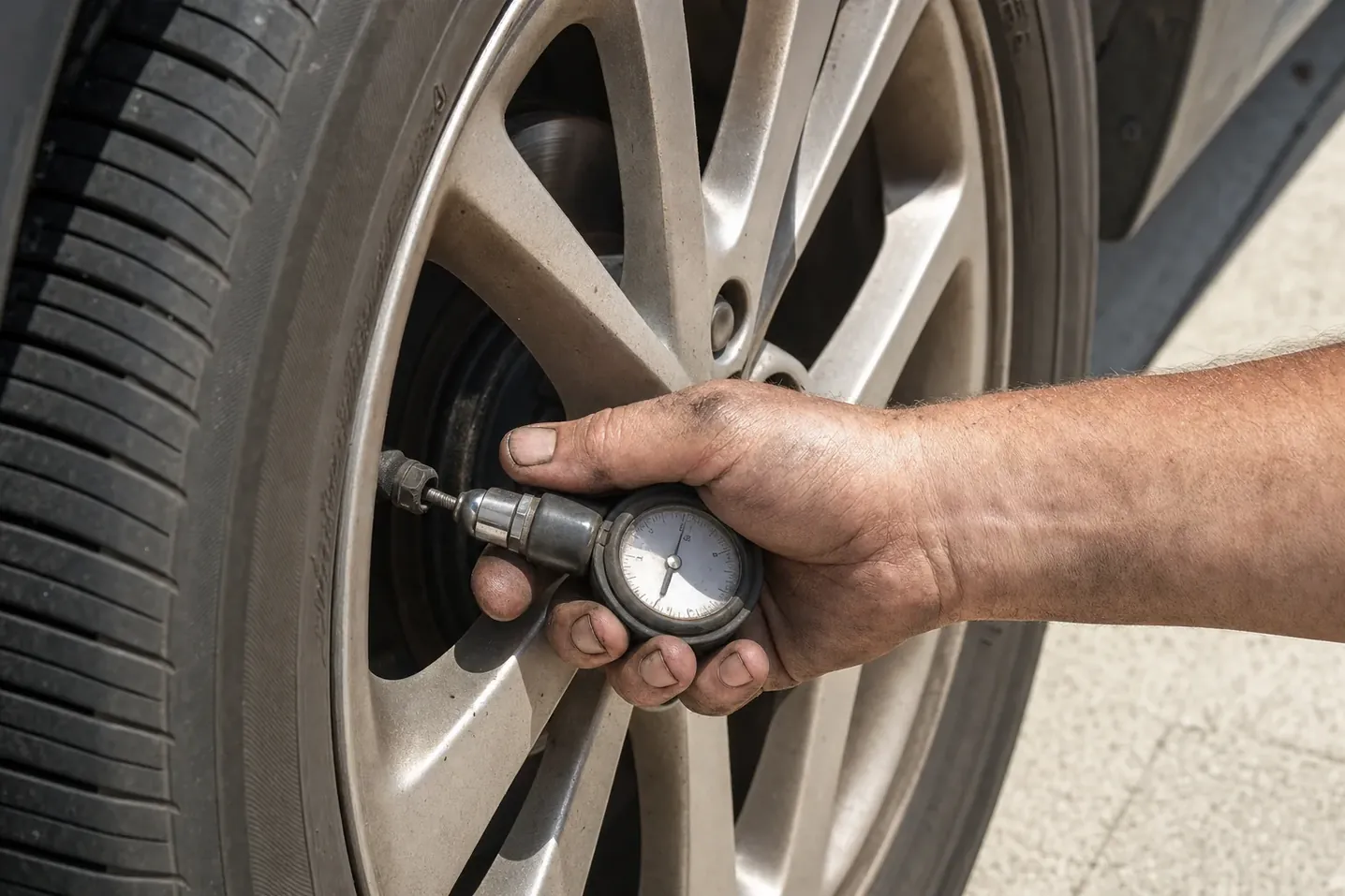 Hand holding a pressure gauge on a tyre valve