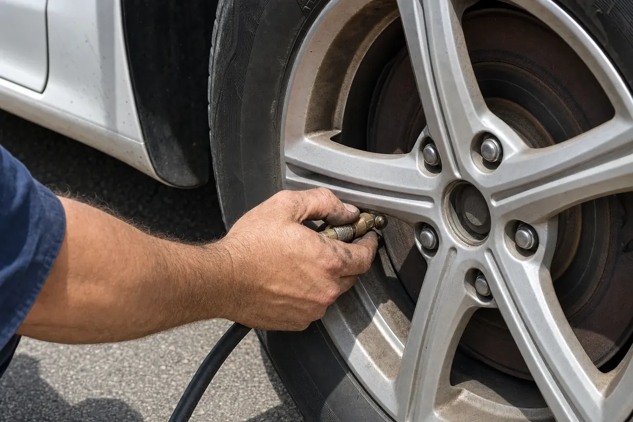 Hand fitting an air hose to a tyre valve to check the pressure
