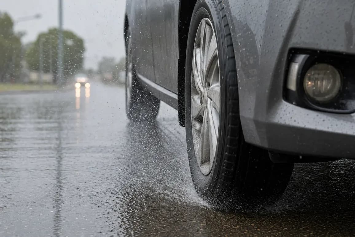 Car tyre pushing water aside on a wet road in the rain